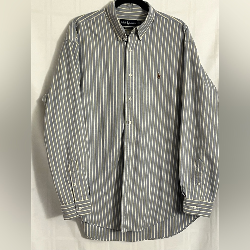 Ralph Lauren  Tan Pony Classic Fit Mens Button Down Size XL Light Blue Yellow￼